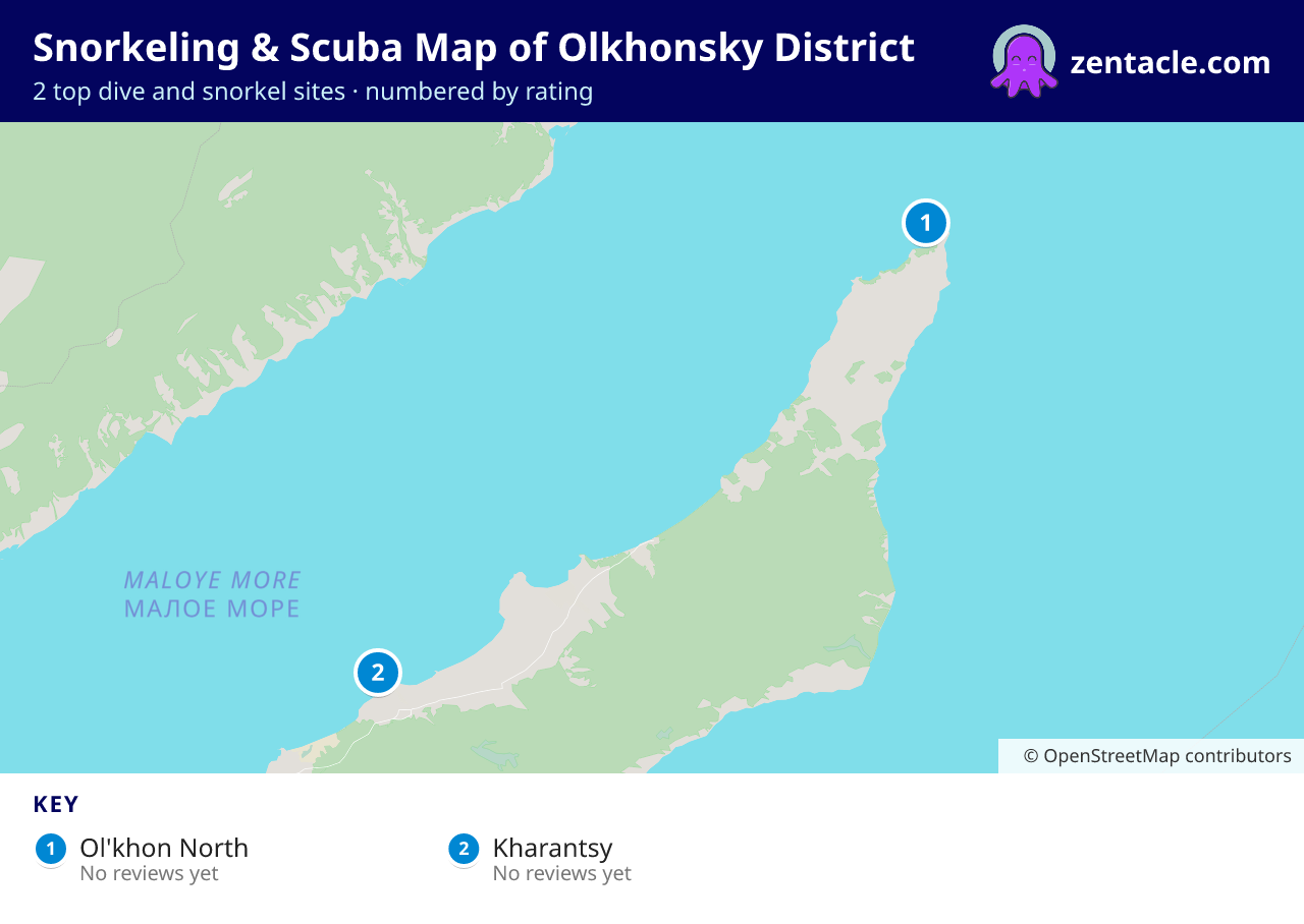 Snorkeling & Scuba Map of Olkhonsky District: numbered map of the top 2 dive and snorkel sites, with ratings