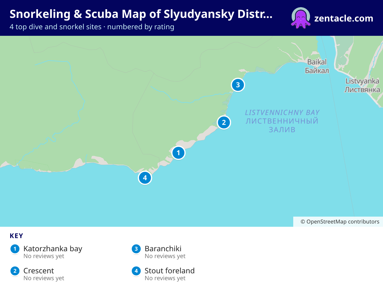 Snorkeling & Scuba Map of Slyudyansky District: numbered map of the top 4 dive and snorkel sites, with ratings