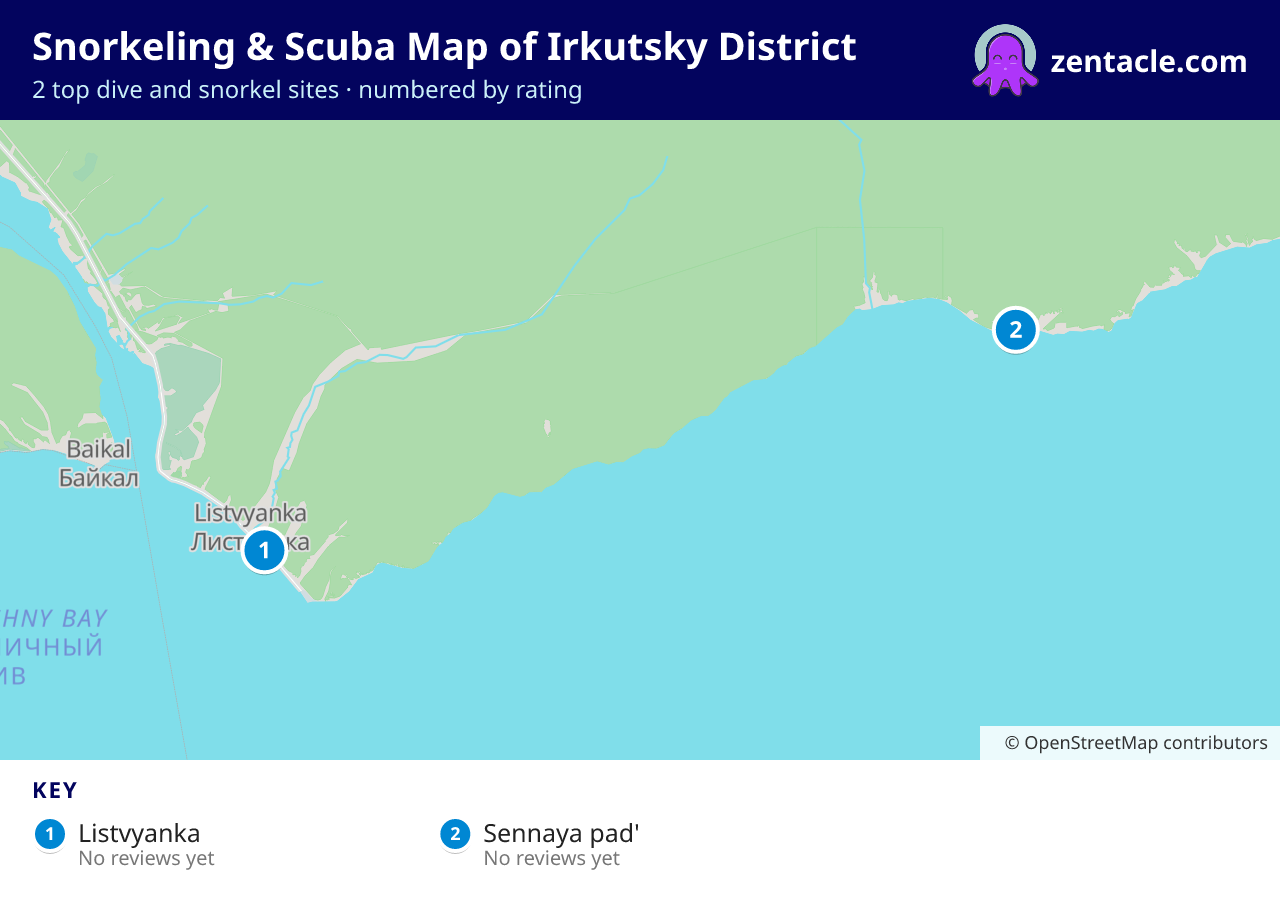Snorkeling & Scuba Map of Irkutsky District: numbered map of the top 2 dive and snorkel sites, with ratings