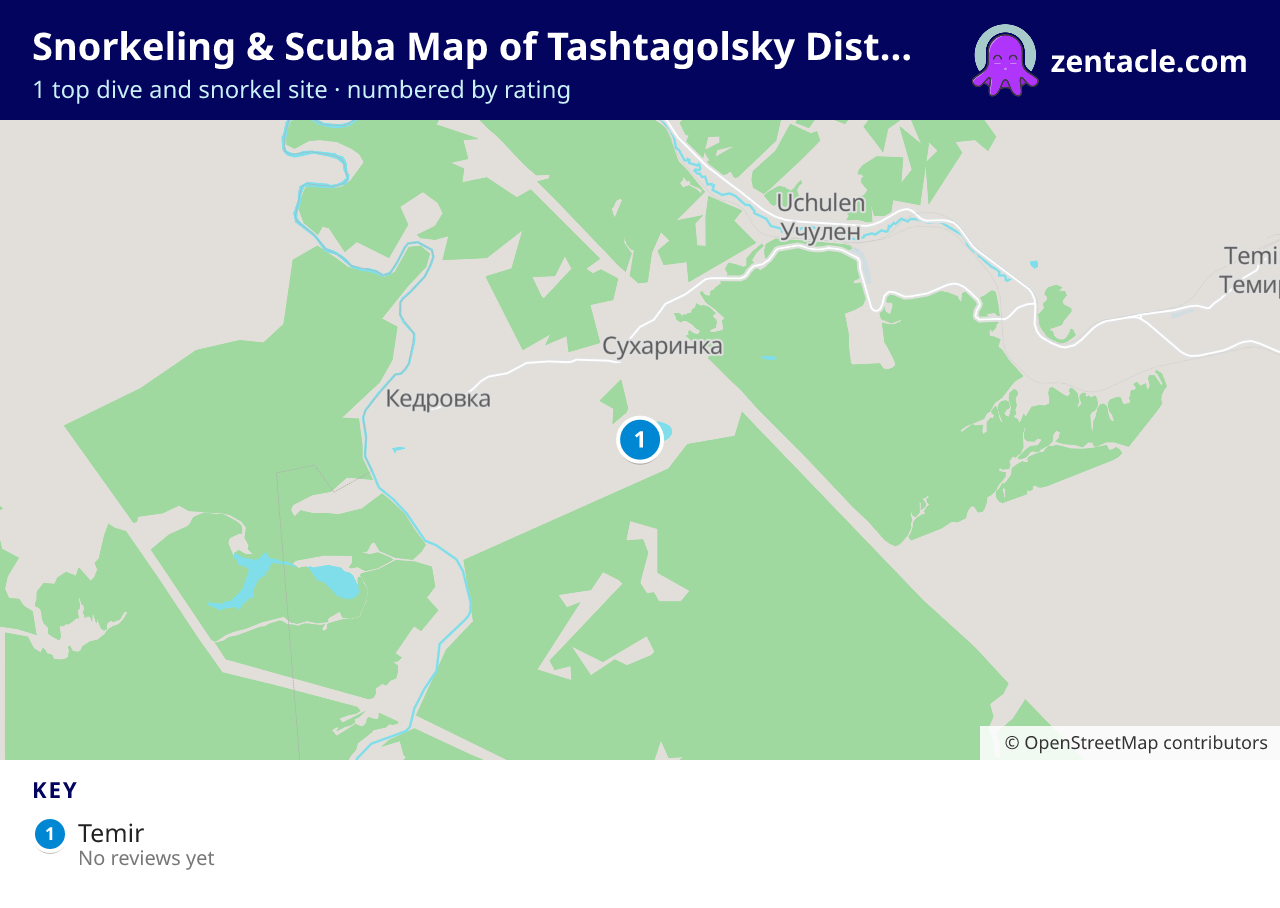 Snorkeling & Scuba Map of Tashtagolsky District: numbered map of the top 1 dive and snorkel sites, with ratings