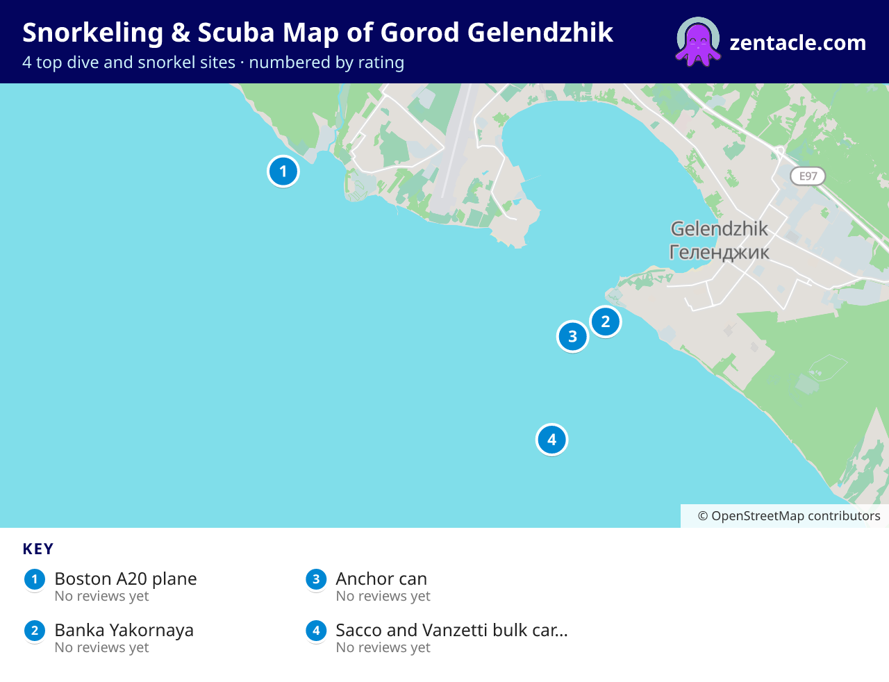 Snorkeling & Scuba Map of Gorod Gelendzhik: numbered map of the top 4 dive and snorkel sites, with ratings