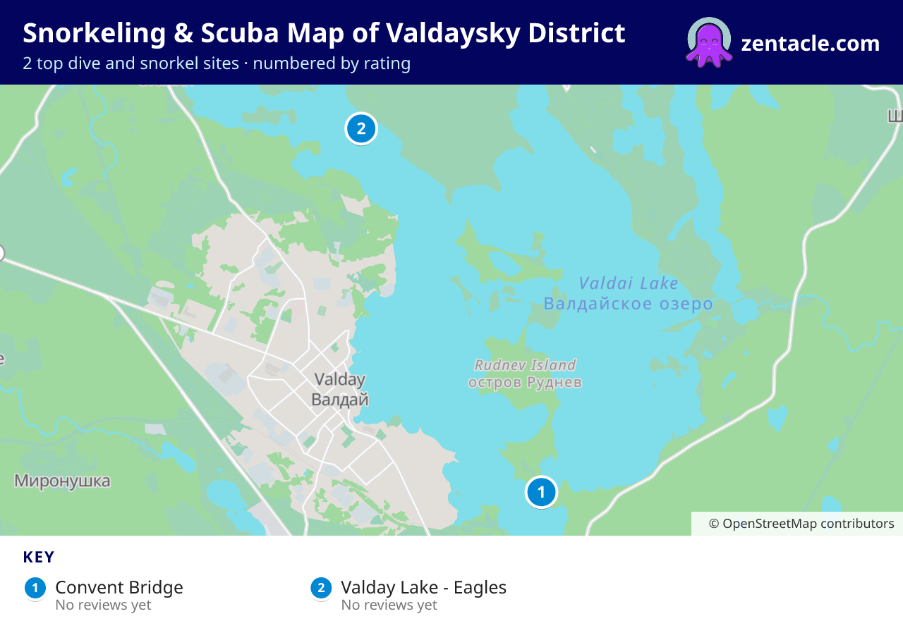 Snorkeling & Scuba Map of Valdaysky District: numbered map of the top 2 dive and snorkel sites, with ratings