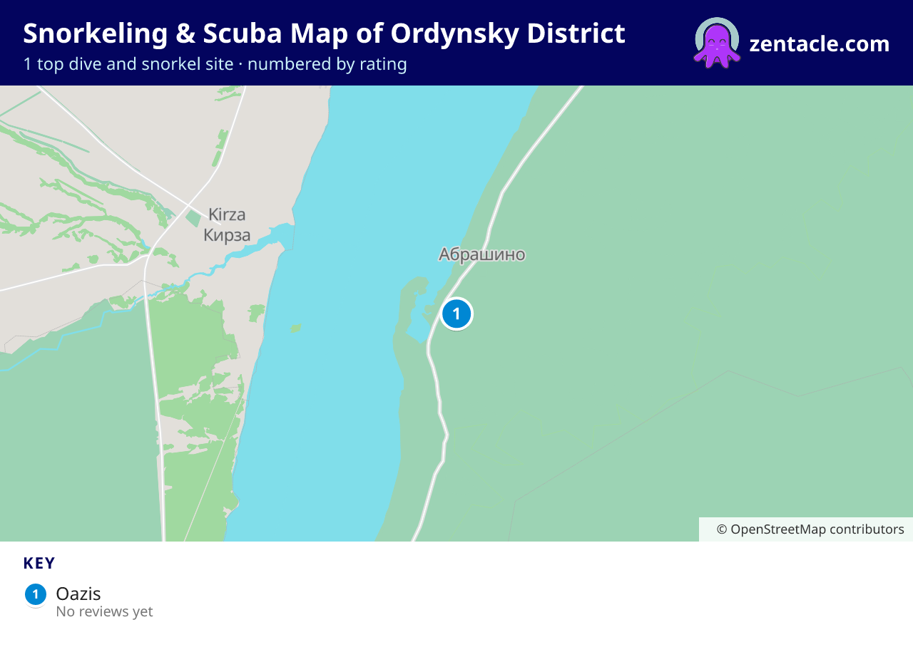 Snorkeling & Scuba Map of Ordynsky District: numbered map of the top 1 dive and snorkel sites, with ratings