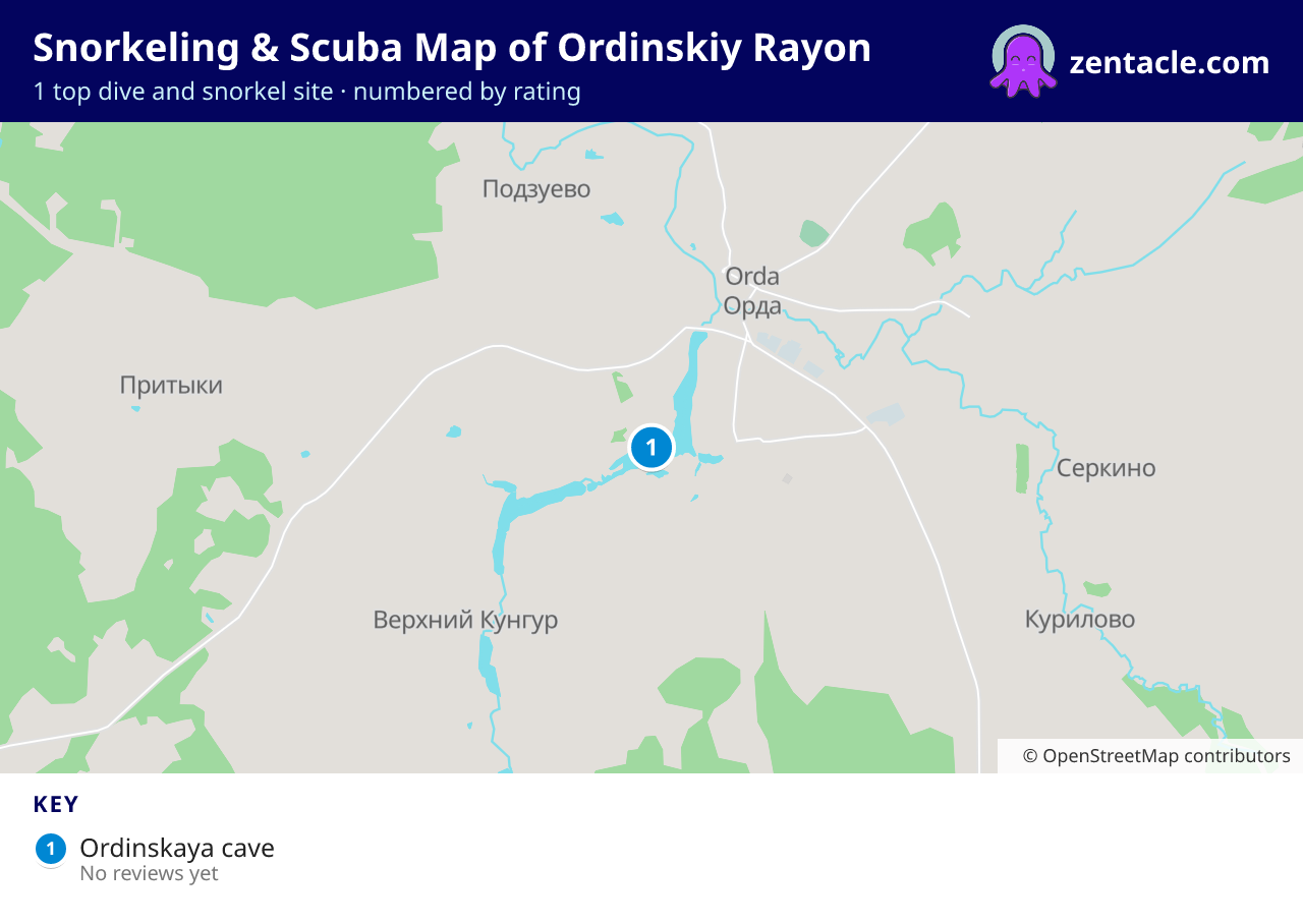 Snorkeling & Scuba Map of Ordinskiy Rayon: numbered map of the top 1 dive and snorkel sites, with ratings