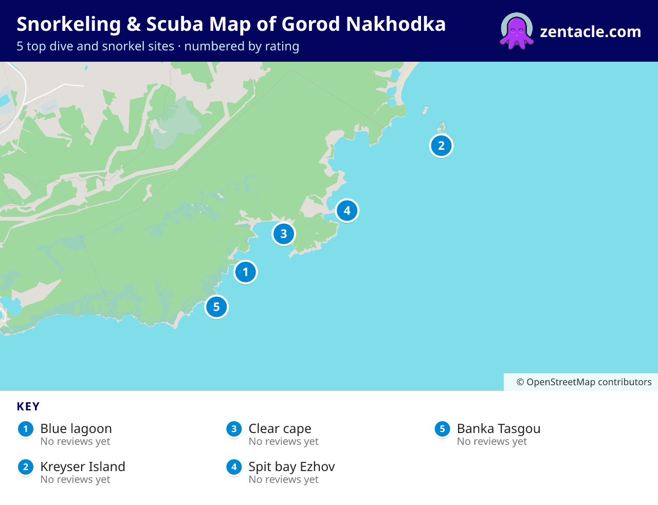 Snorkeling & Scuba Map of Gorod Nakhodka: numbered map of the top 5 dive and snorkel sites, with ratings