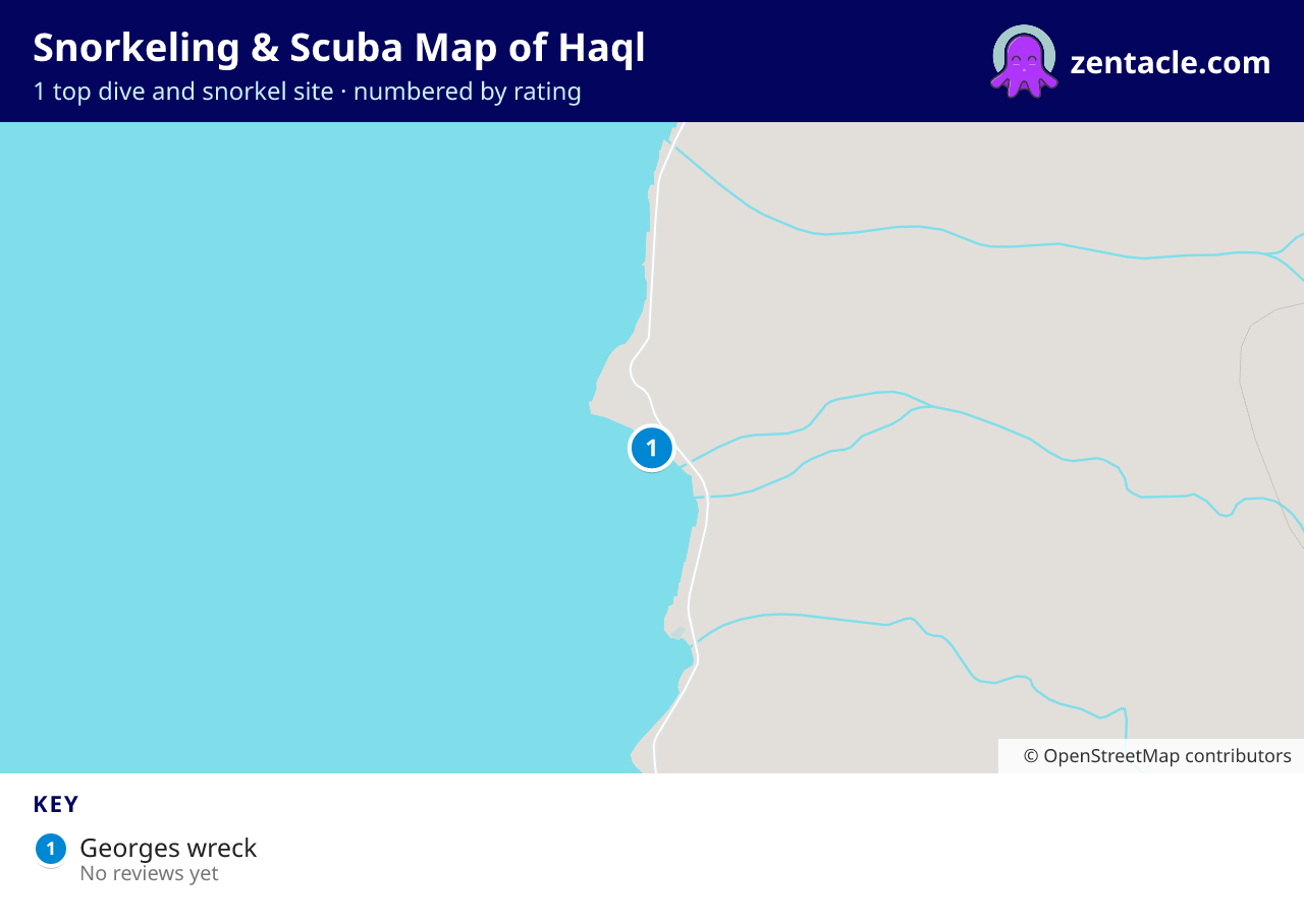 Snorkeling & Scuba Map of Haql: numbered map of the top 1 dive and snorkel sites, with ratings