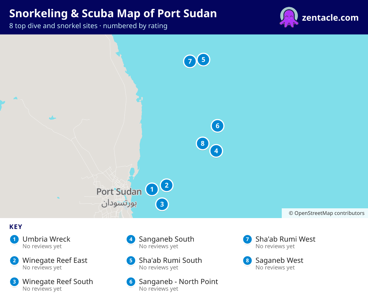 Snorkeling & Scuba Map of Port Sudan: numbered map of the top 8 dive and snorkel sites, with ratings