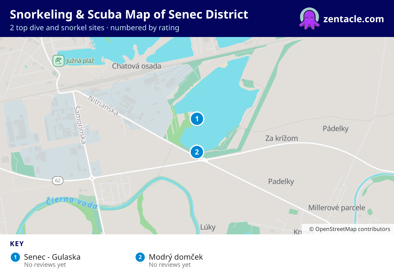 Snorkeling & Scuba Map of Senec District: numbered map of the top 2 dive and snorkel sites, with ratings