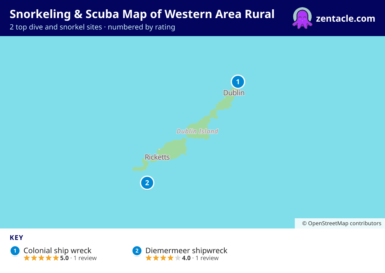 Snorkeling & Scuba Map of Western Area Rural: numbered map of the top 2 dive and snorkel sites, with ratings