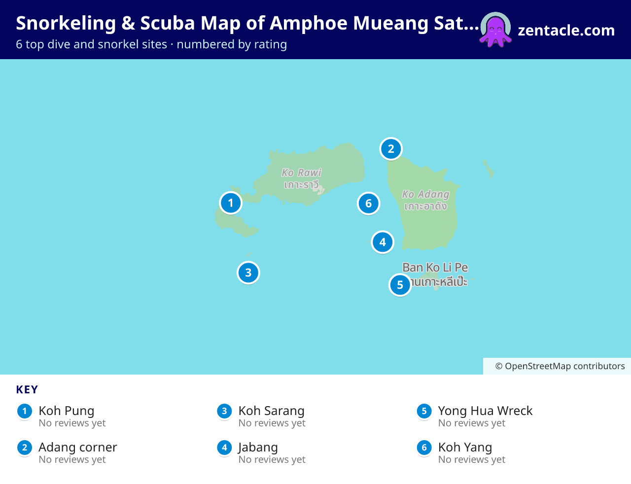 Snorkeling & Scuba Map of Amphoe Mueang Satun: numbered map of the top 6 dive and snorkel sites, with ratings
