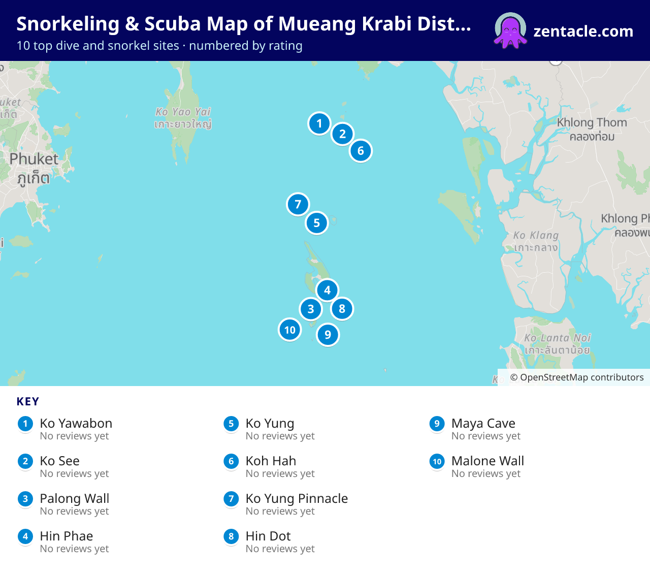 Snorkeling & Scuba Map of Mueang Krabi District: numbered map of the top 10 dive and snorkel sites, with ratings
