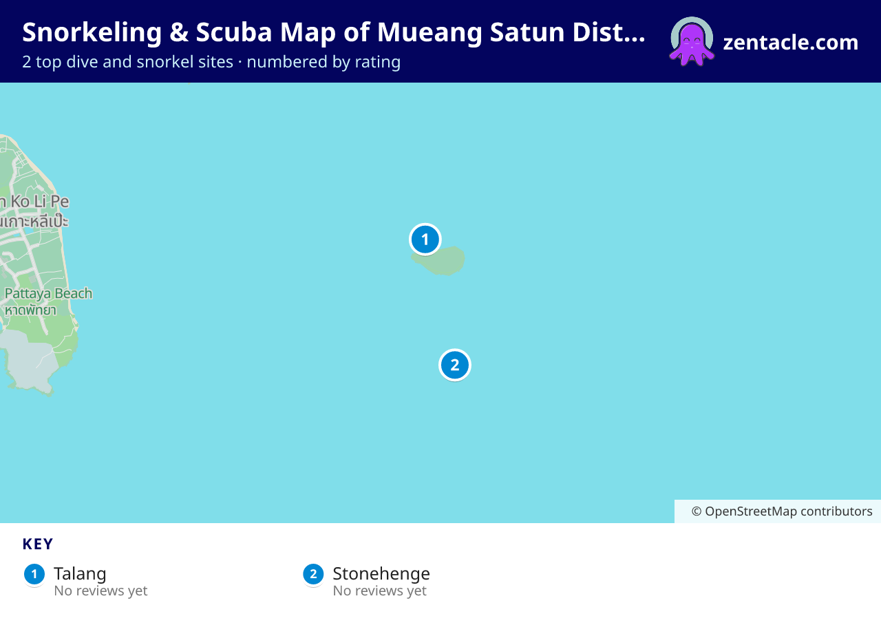 Snorkeling & Scuba Map of Mueang Satun District: numbered map of the top 2 dive and snorkel sites, with ratings