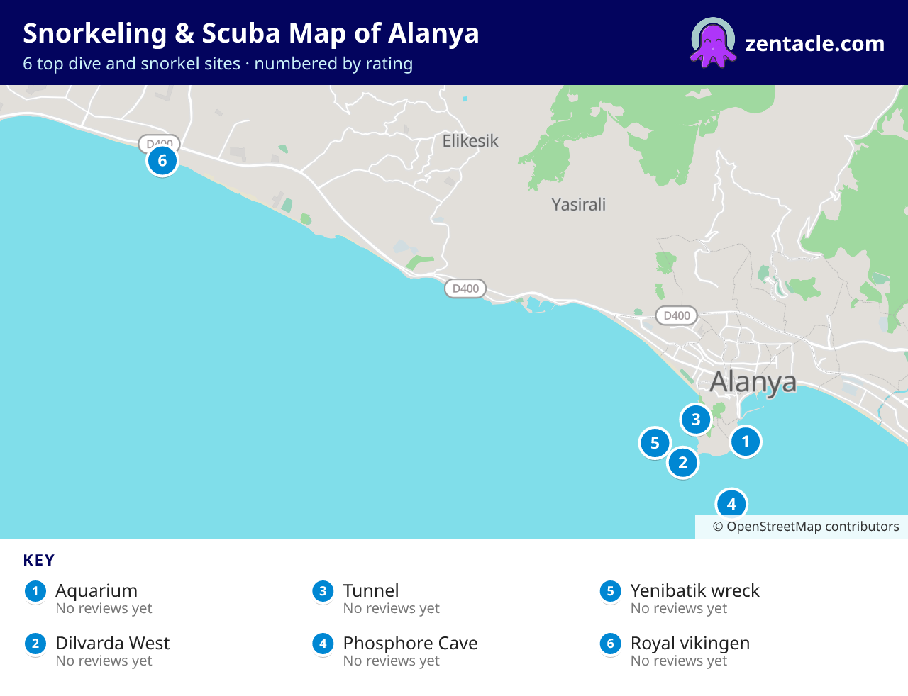 Snorkeling & Scuba Map of Alanya: numbered map of the top 6 dive and snorkel sites, with ratings