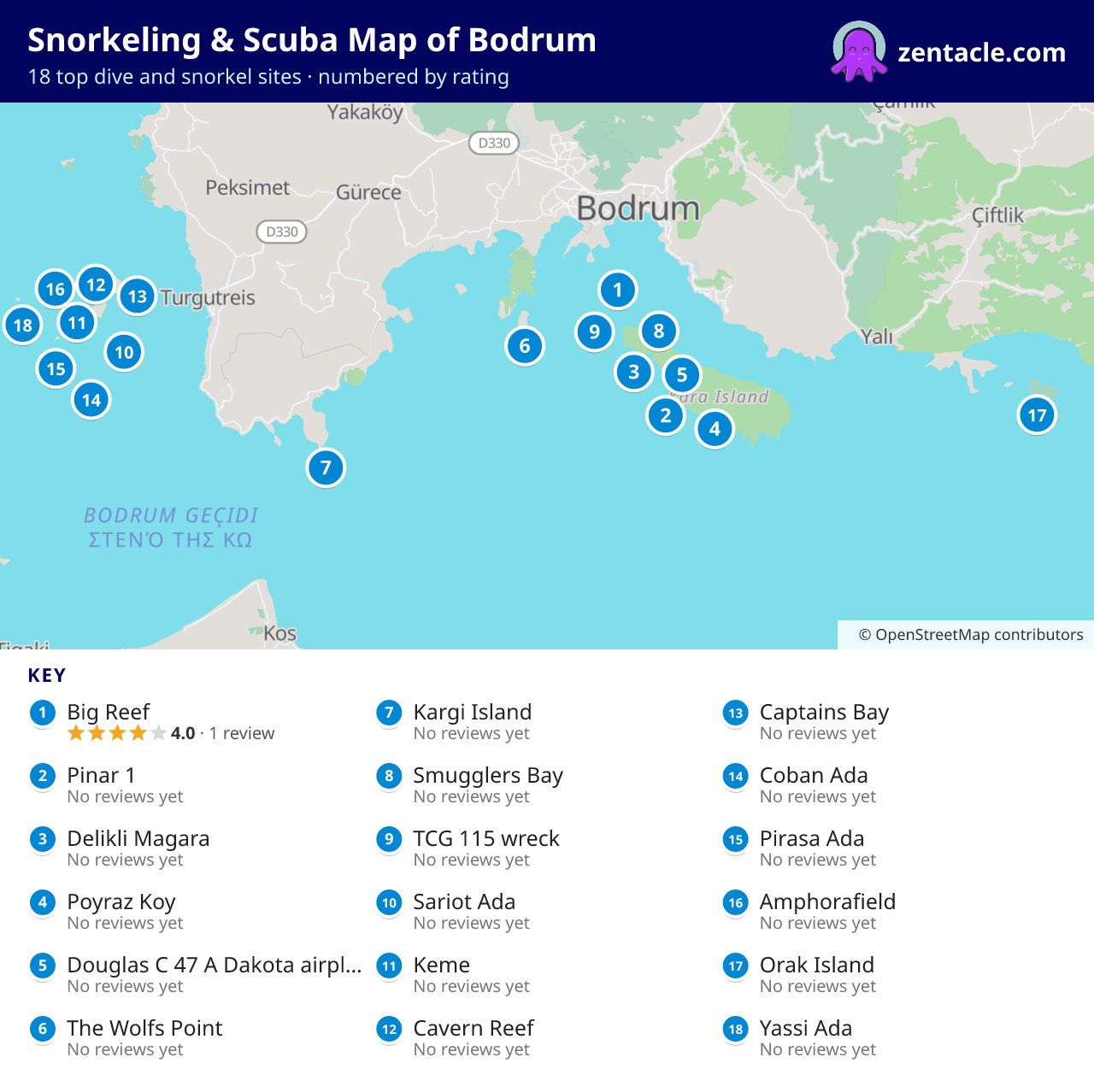 Snorkeling & Scuba Map of Bodrum: numbered map of the top 18 dive and snorkel sites, with ratings