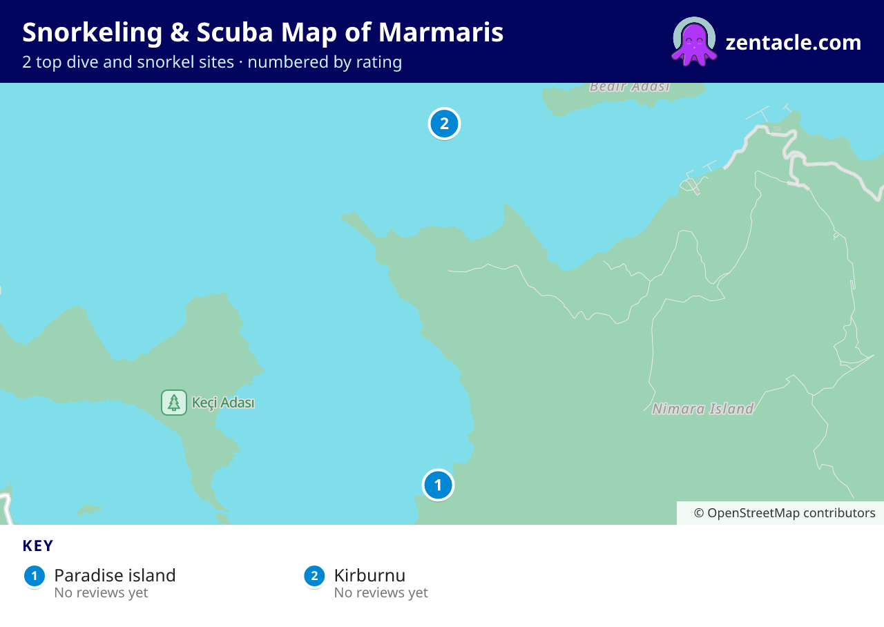 Snorkeling & Scuba Map of Marmaris: numbered map of the top 2 dive and snorkel sites, with ratings
