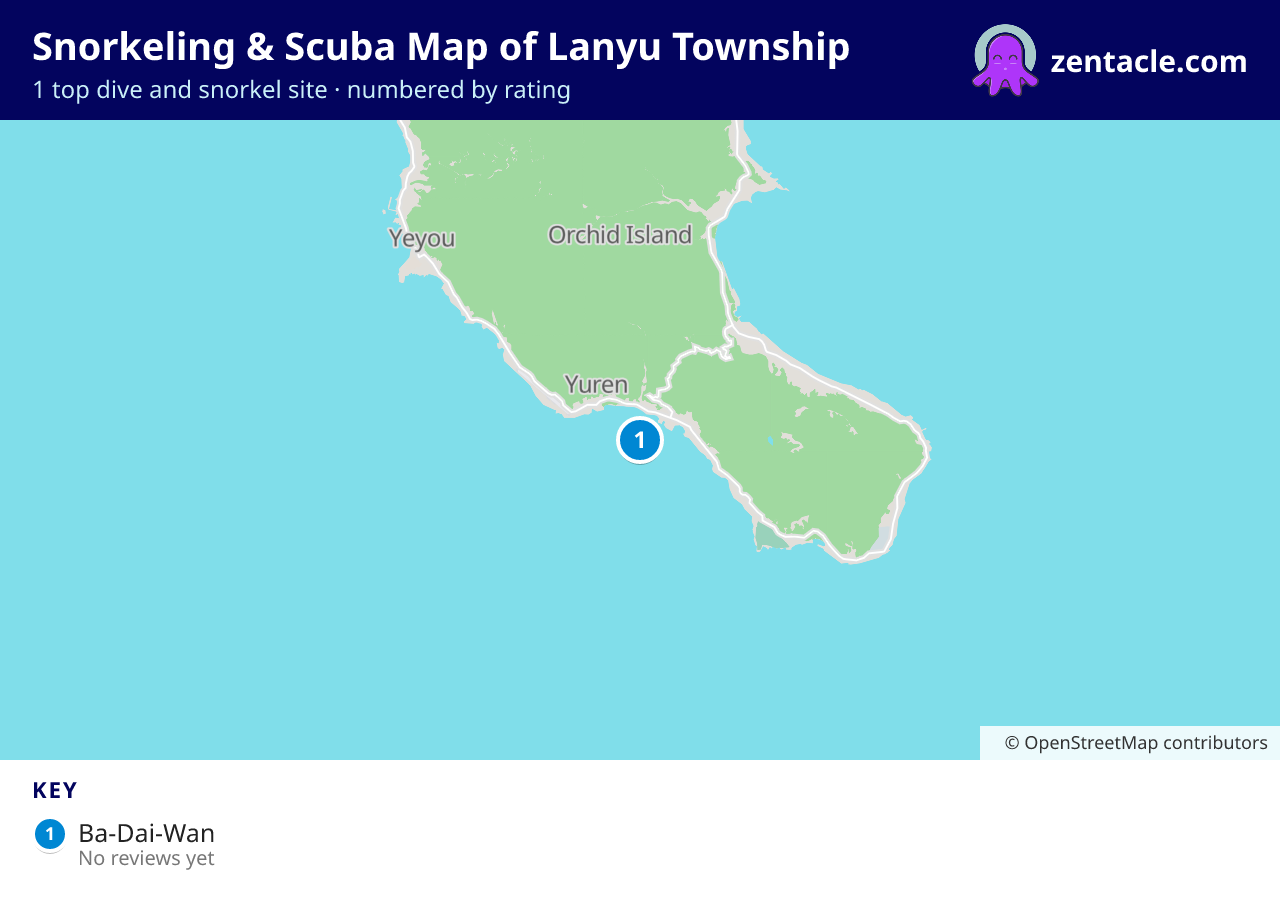 Snorkeling & Scuba Map of Lanyu Township: numbered map of the top 1 dive and snorkel sites, with ratings