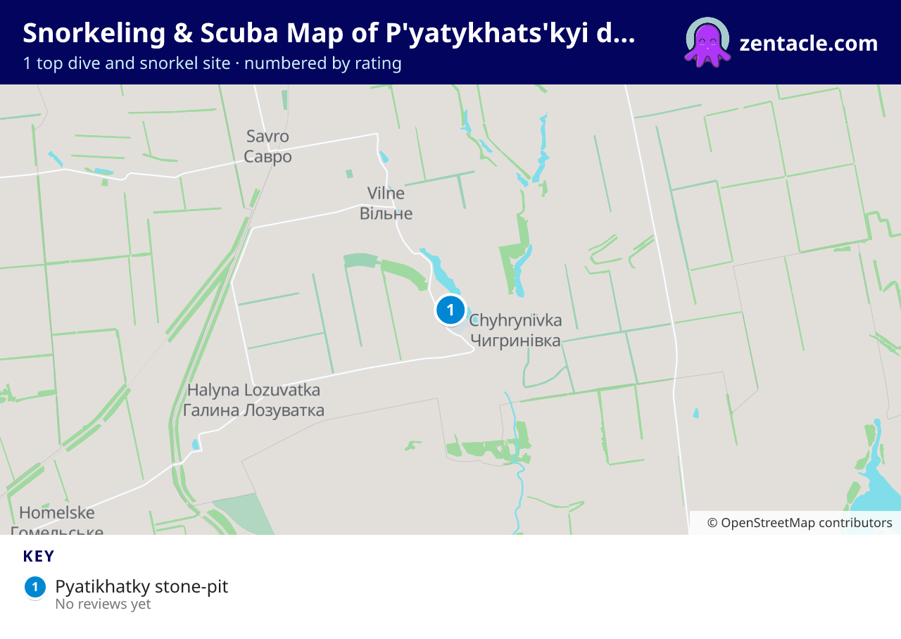 Snorkeling & Scuba Map of P'yatykhats'kyi district: numbered map of the top 1 dive and snorkel sites, with ratings