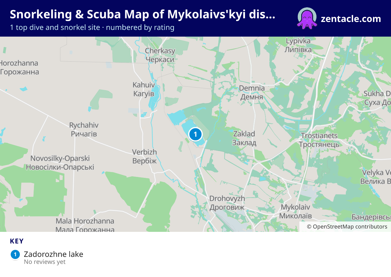 Snorkeling & Scuba Map of Mykolaivs'kyi district: numbered map of the top 1 dive and snorkel sites, with ratings