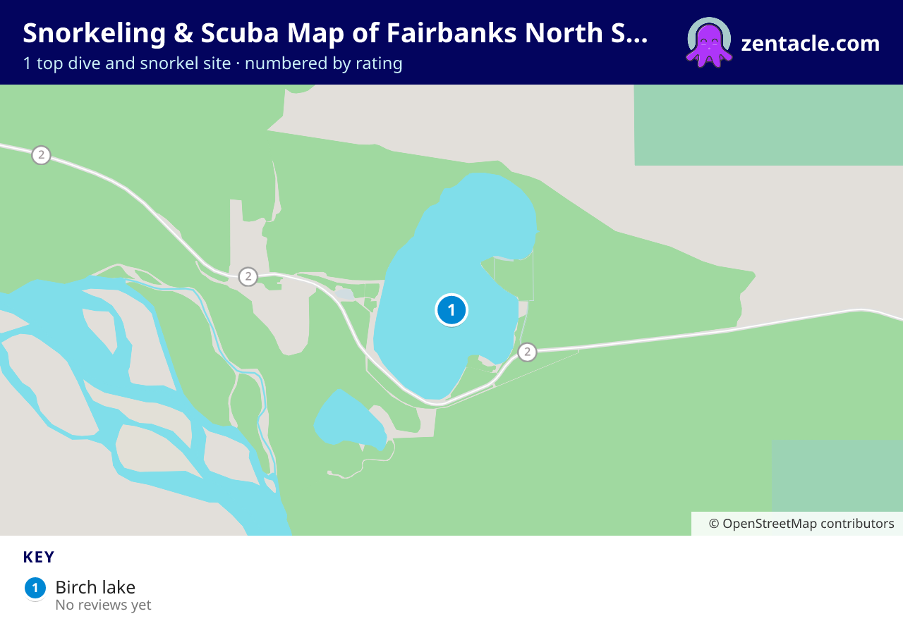 Snorkeling & Scuba Map of Fairbanks North Star Borough: numbered map of the top 1 dive and snorkel sites, with ratings