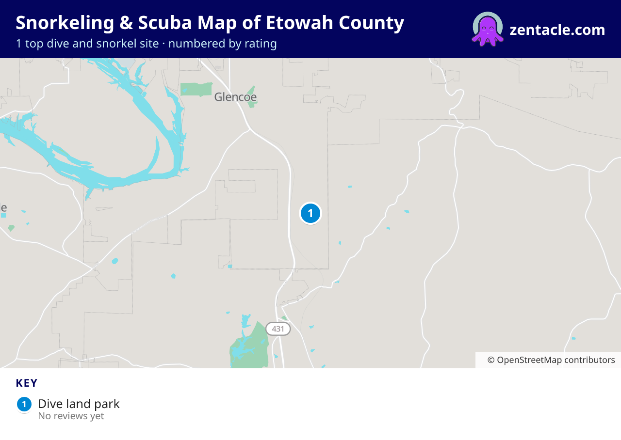 Snorkeling & Scuba Map of Etowah County: numbered map of the top 1 dive and snorkel sites, with ratings