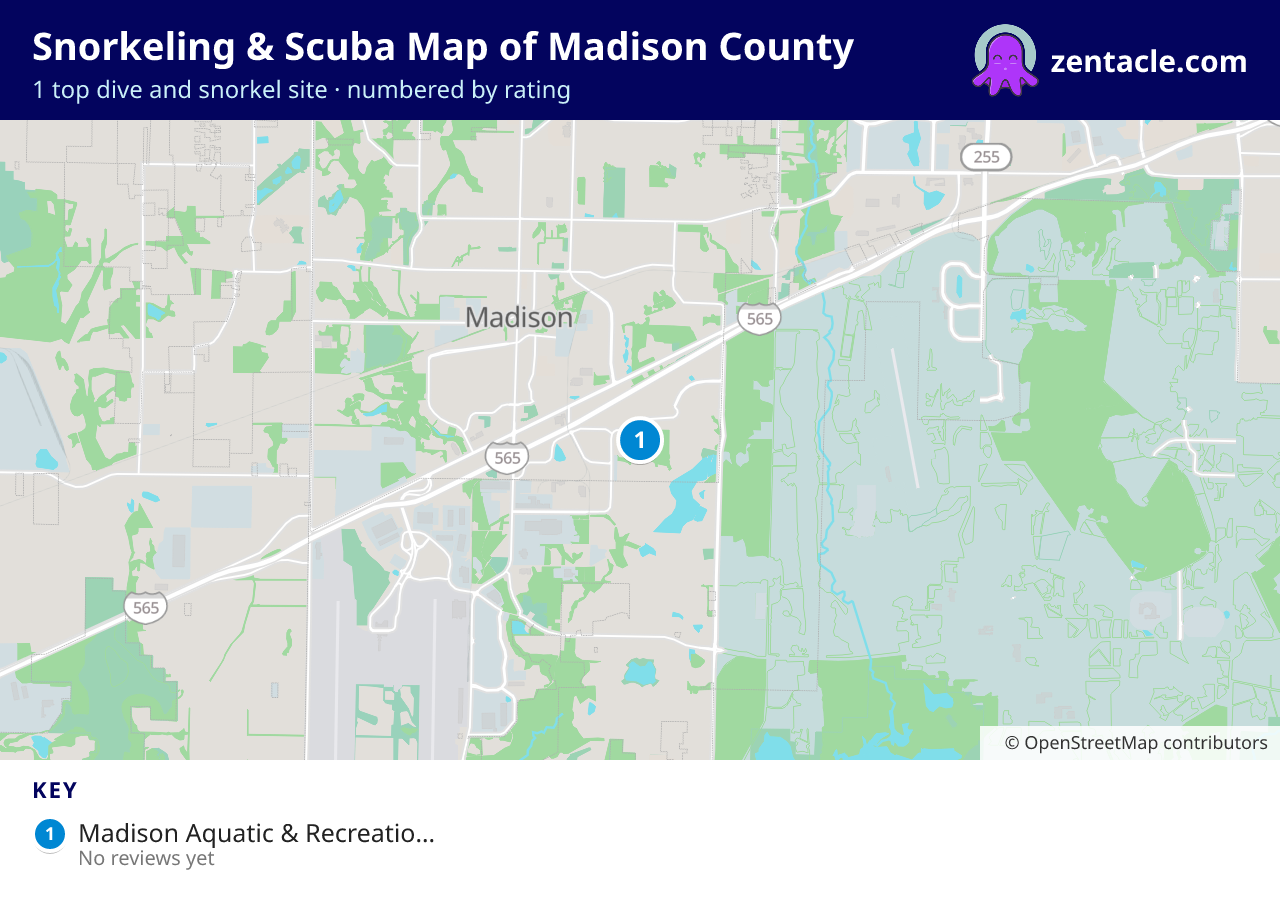 Snorkeling & Scuba Map of Madison County: numbered map of the top 1 dive and snorkel sites, with ratings