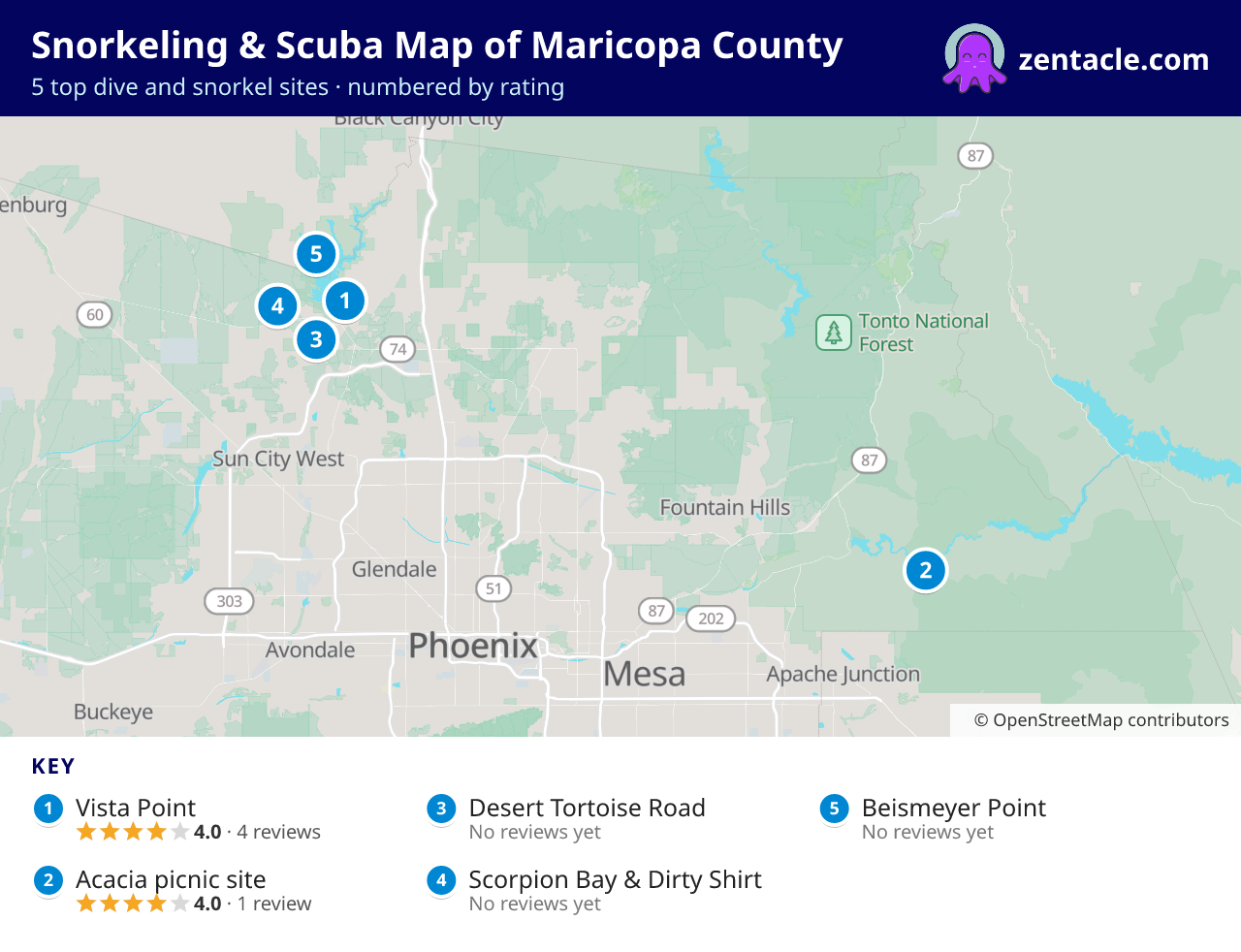 Snorkeling & Scuba Map of Maricopa County: numbered map of the top 5 dive and snorkel sites, with ratings