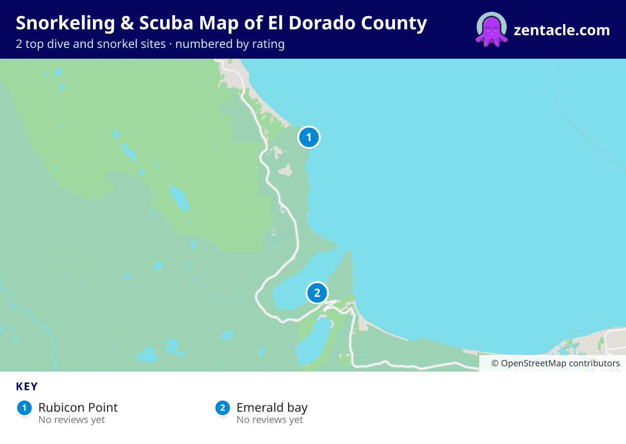 Snorkeling & Scuba Map of El Dorado County: numbered map of the top 2 dive and snorkel sites, with ratings