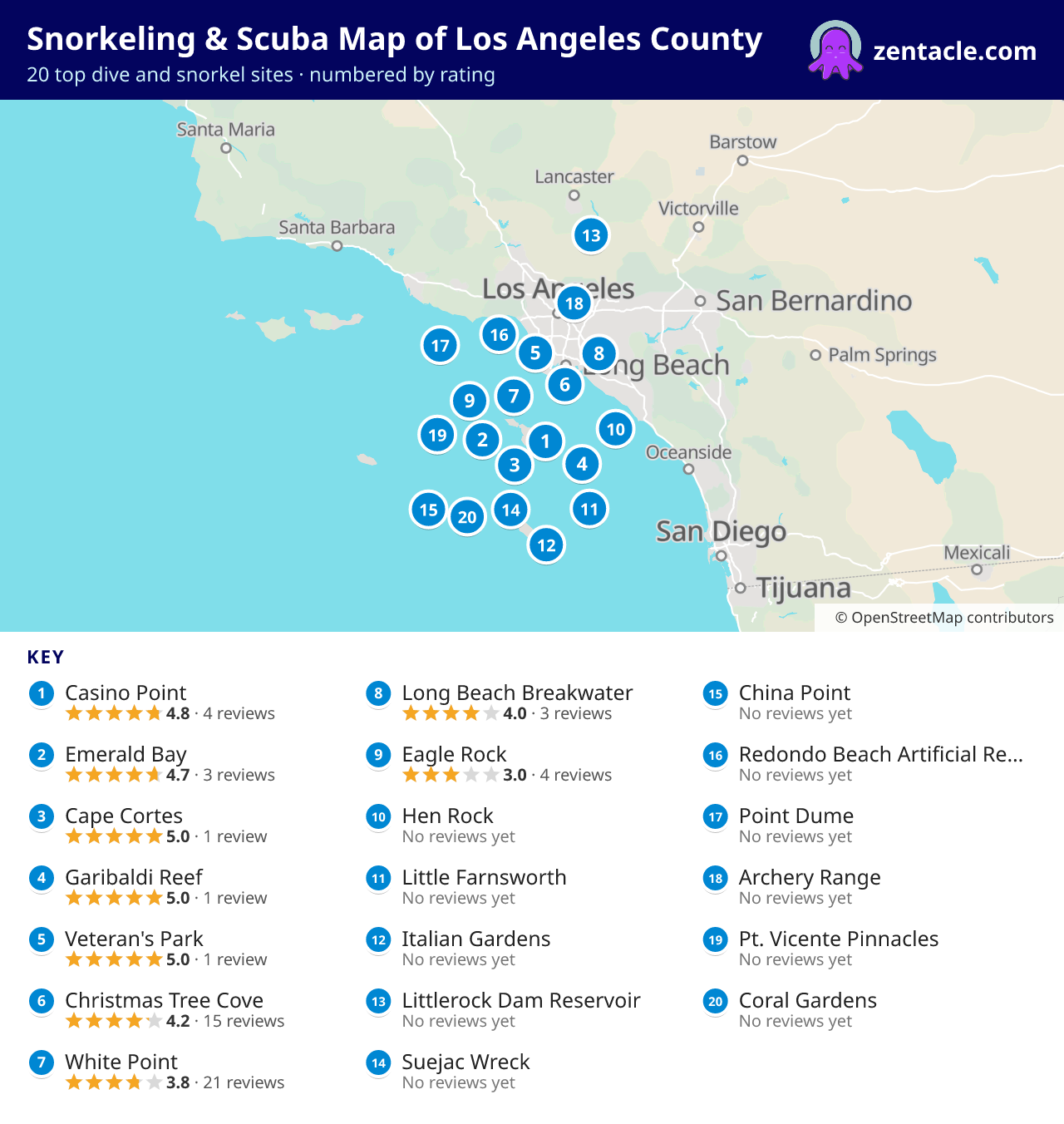 Snorkeling & Scuba Map of Los Angeles County: numbered map of the top 20 dive and snorkel sites, with ratings