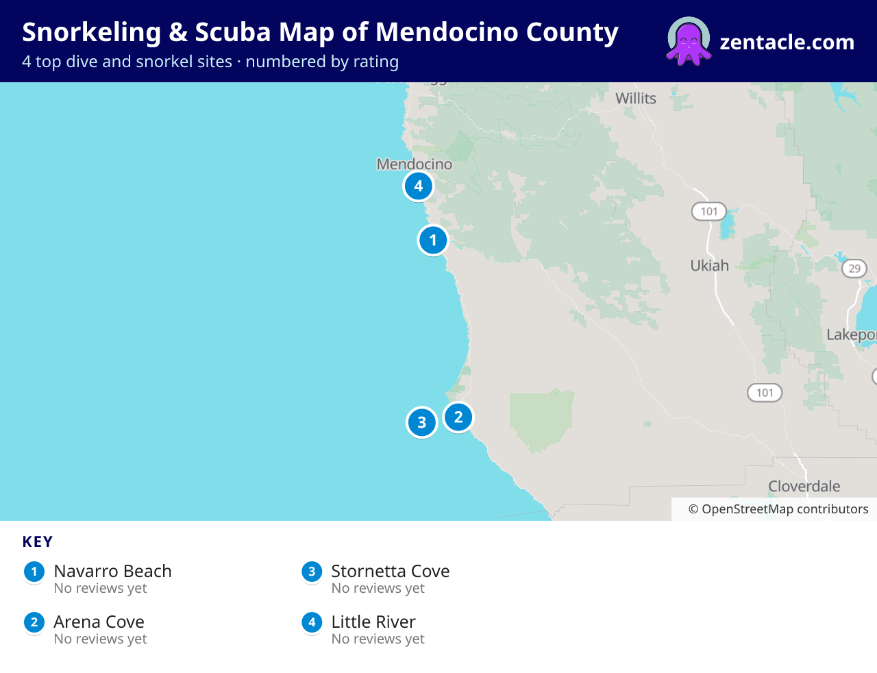 Snorkeling & Scuba Map of Mendocino County: numbered map of the top 4 dive and snorkel sites, with ratings