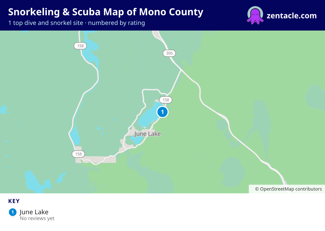 Snorkeling & Scuba Map of Mono County: numbered map of the top 1 dive and snorkel sites, with ratings