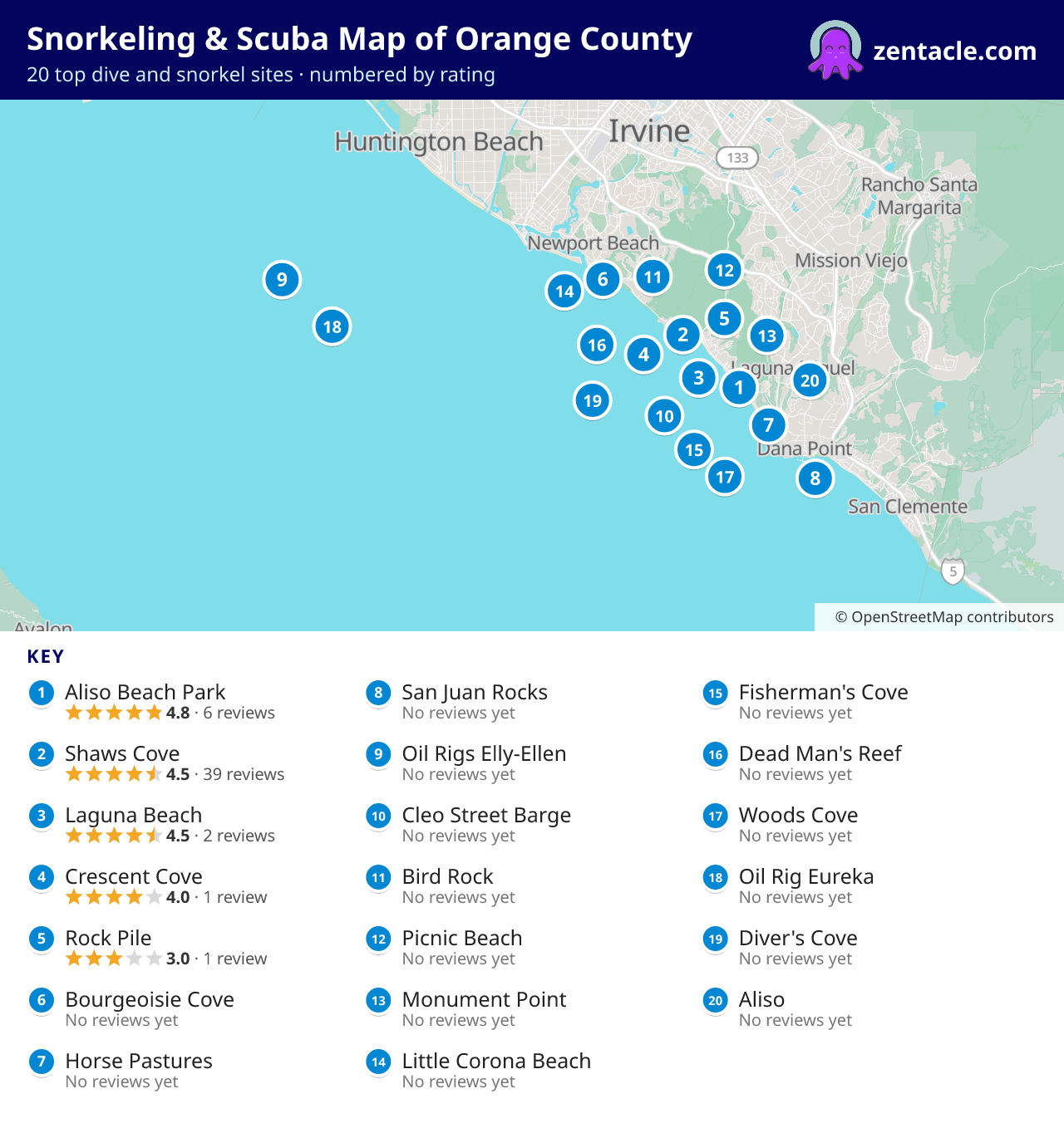 Snorkeling & Scuba Map of Orange County: numbered map of the top 20 dive and snorkel sites, with ratings