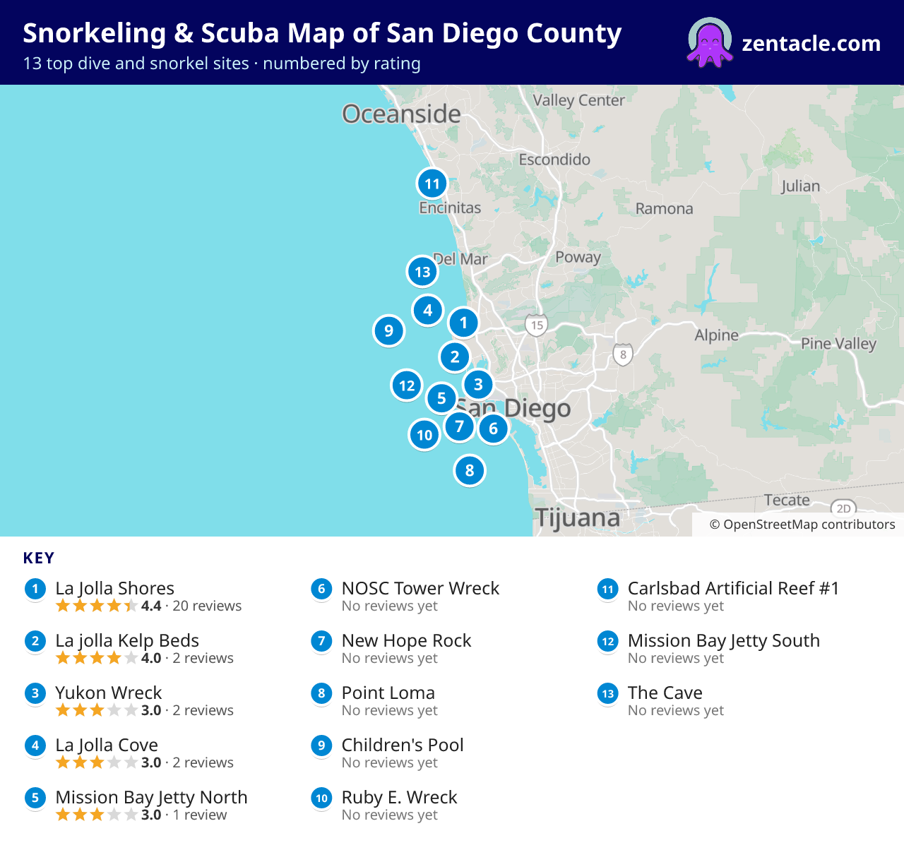 Snorkeling & Scuba Map of San Diego County: numbered map of the top 13 dive and snorkel sites, with ratings
