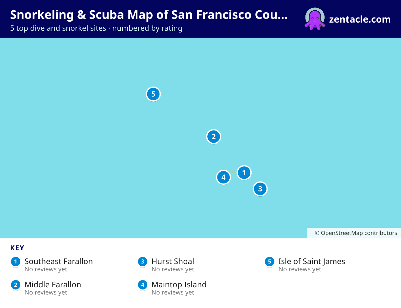 Snorkeling & Scuba Map of San Francisco County: numbered map of the top 5 dive and snorkel sites, with ratings