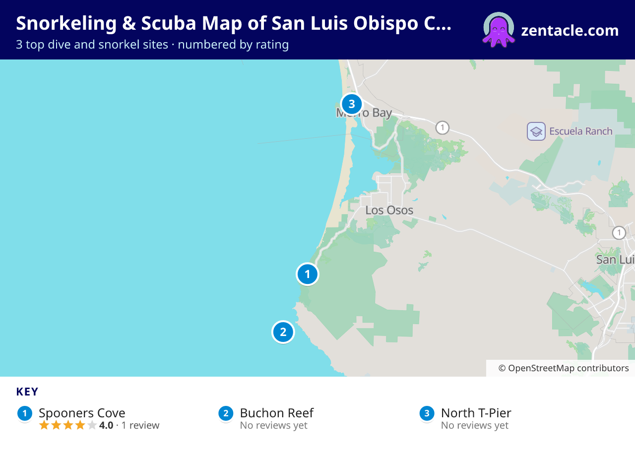 Snorkeling & Scuba Map of San Luis Obispo County: numbered map of the top 3 dive and snorkel sites, with ratings