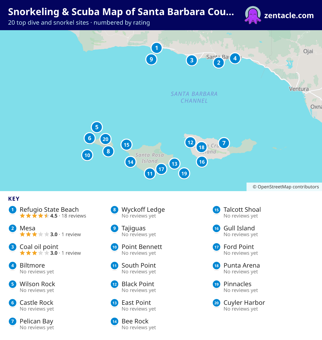 Snorkeling & Scuba Map of Santa Barbara County: numbered map of the top 20 dive and snorkel sites, with ratings