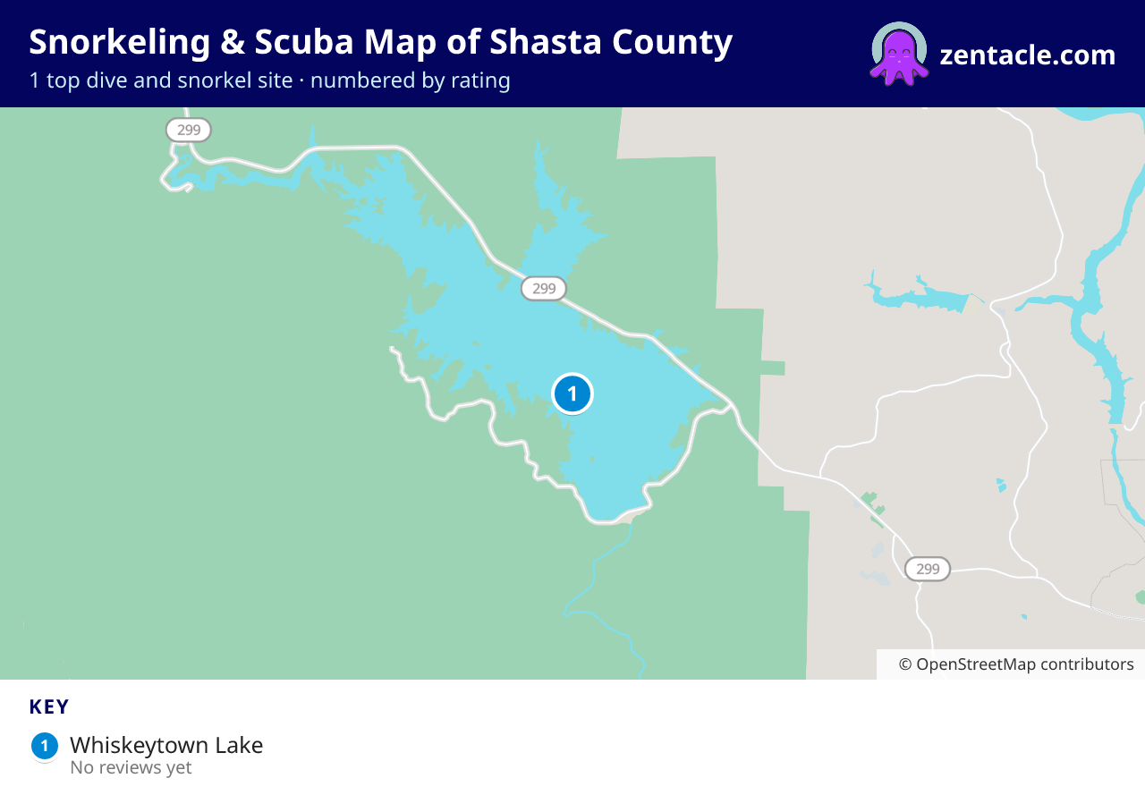 Snorkeling & Scuba Map of Shasta County: numbered map of the top 1 dive and snorkel sites, with ratings