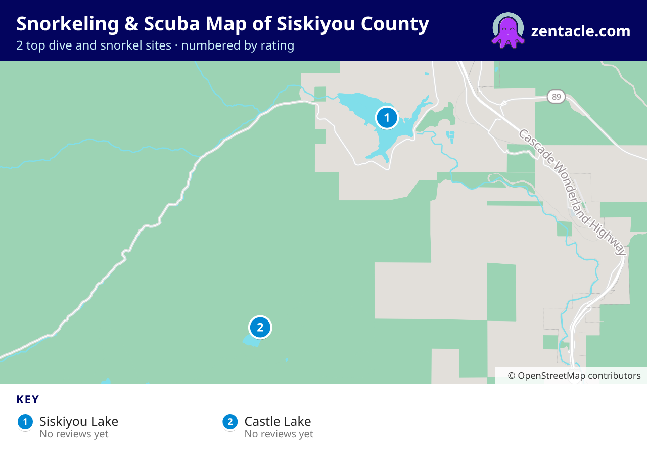 Snorkeling & Scuba Map of Siskiyou County: numbered map of the top 2 dive and snorkel sites, with ratings