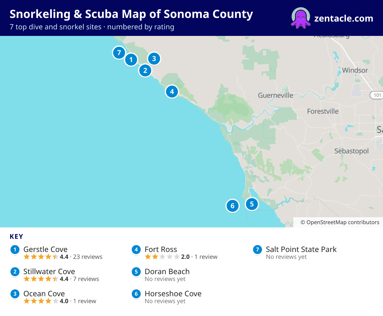 Snorkeling & Scuba Map of Sonoma County: numbered map of the top 7 dive and snorkel sites, with ratings