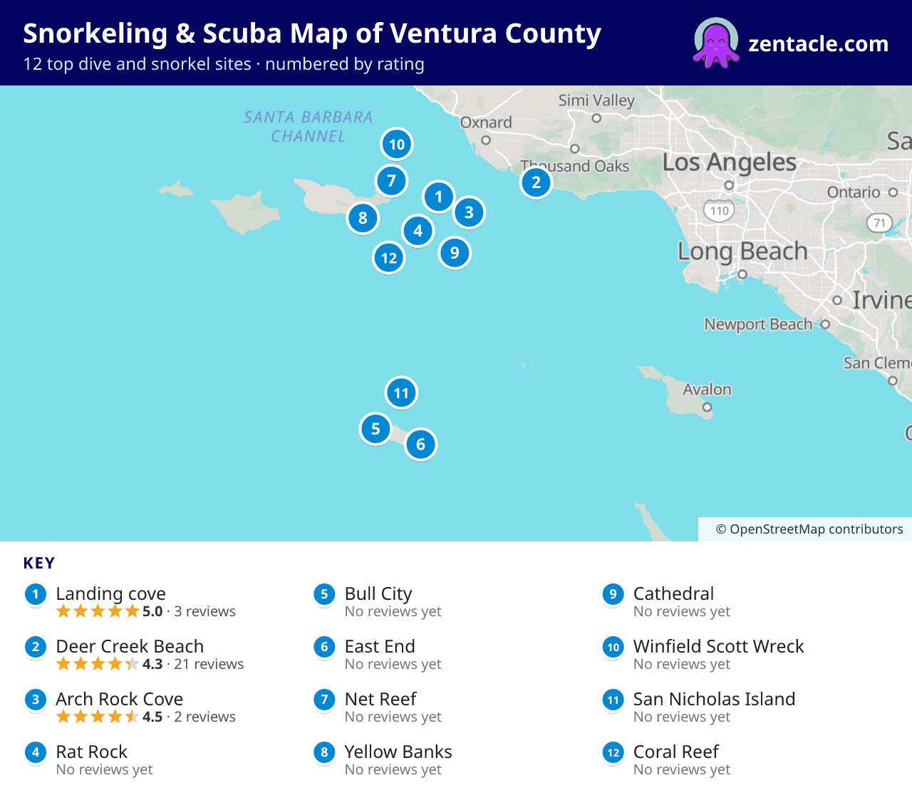 Snorkeling & Scuba Map of Ventura County: numbered map of the top 12 dive and snorkel sites, with ratings