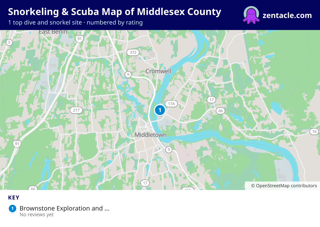 Snorkeling & Scuba Map of Middlesex County: numbered map of the top 1 dive and snorkel sites, with ratings