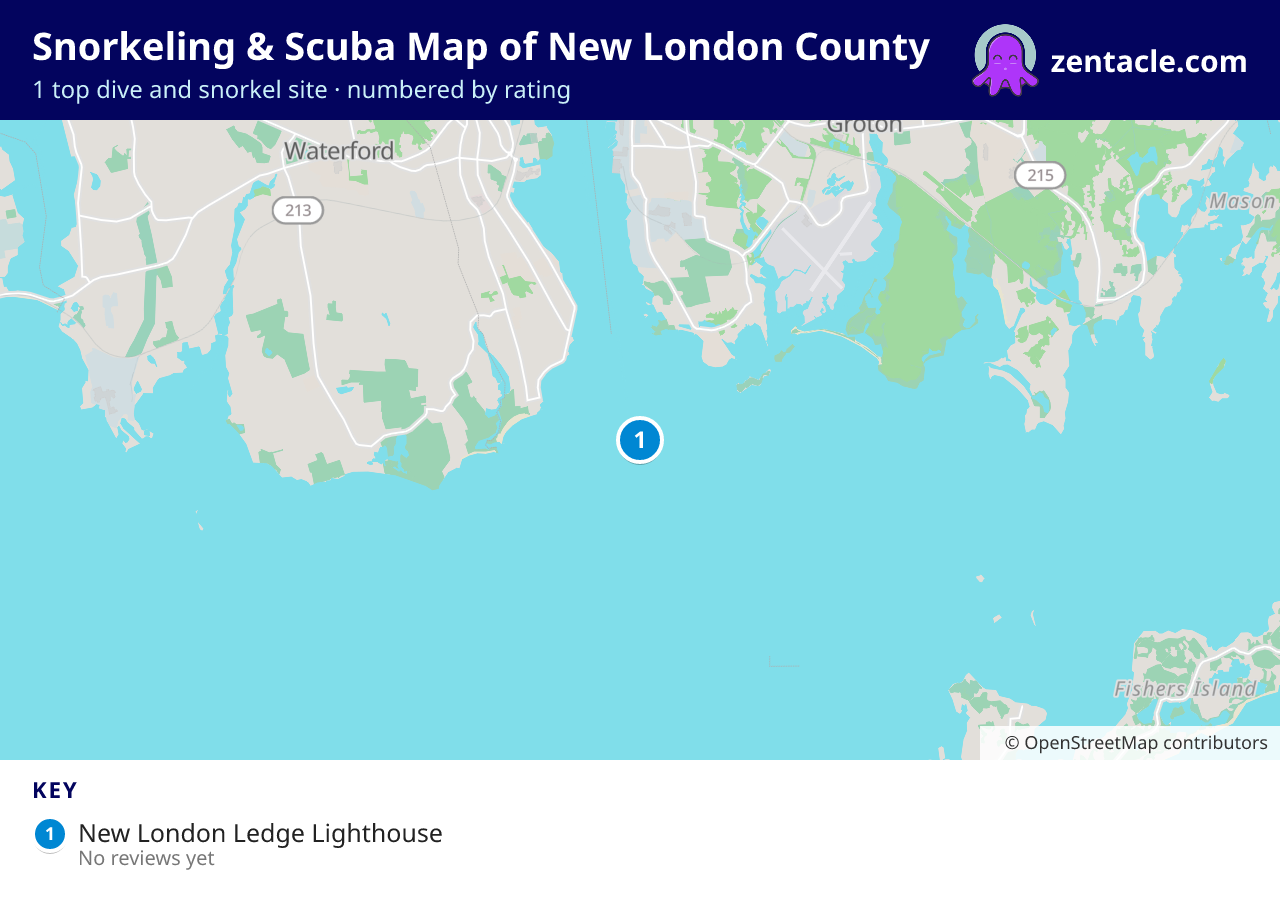 Snorkeling & Scuba Map of New London County: numbered map of the top 1 dive and snorkel sites, with ratings
