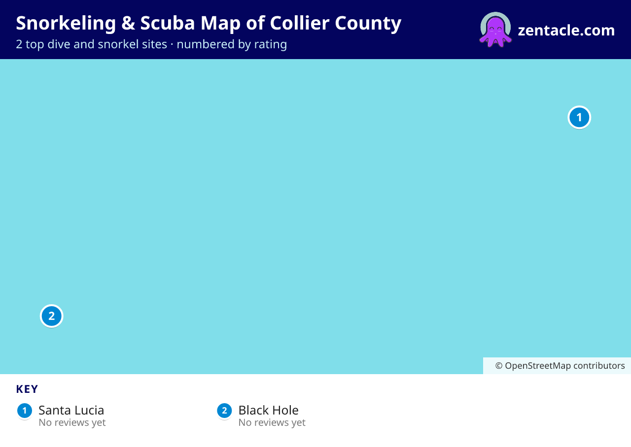 Snorkeling & Scuba Map of Collier County: numbered map of the top 2 dive and snorkel sites, with ratings