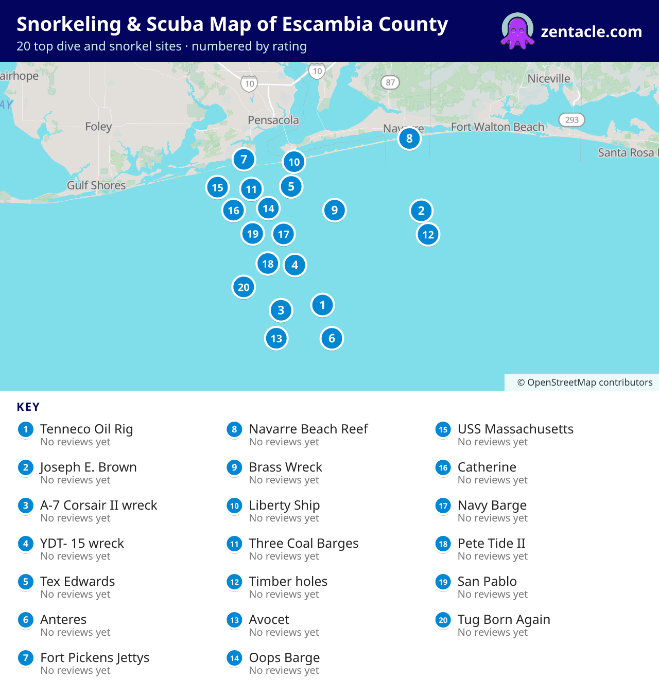 Snorkeling & Scuba Map of Escambia County: numbered map of the top 20 dive and snorkel sites, with ratings