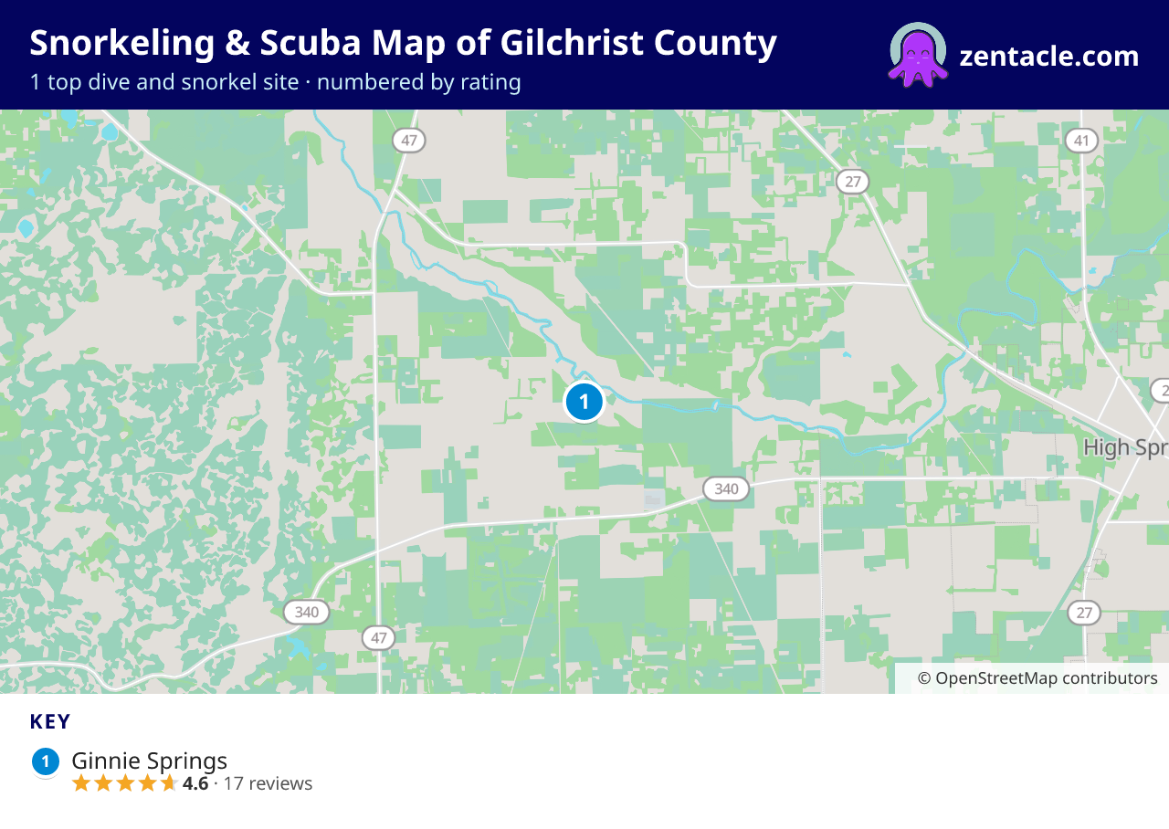 Snorkeling & Scuba Map of Gilchrist County: numbered map of the top 1 dive and snorkel sites, with ratings