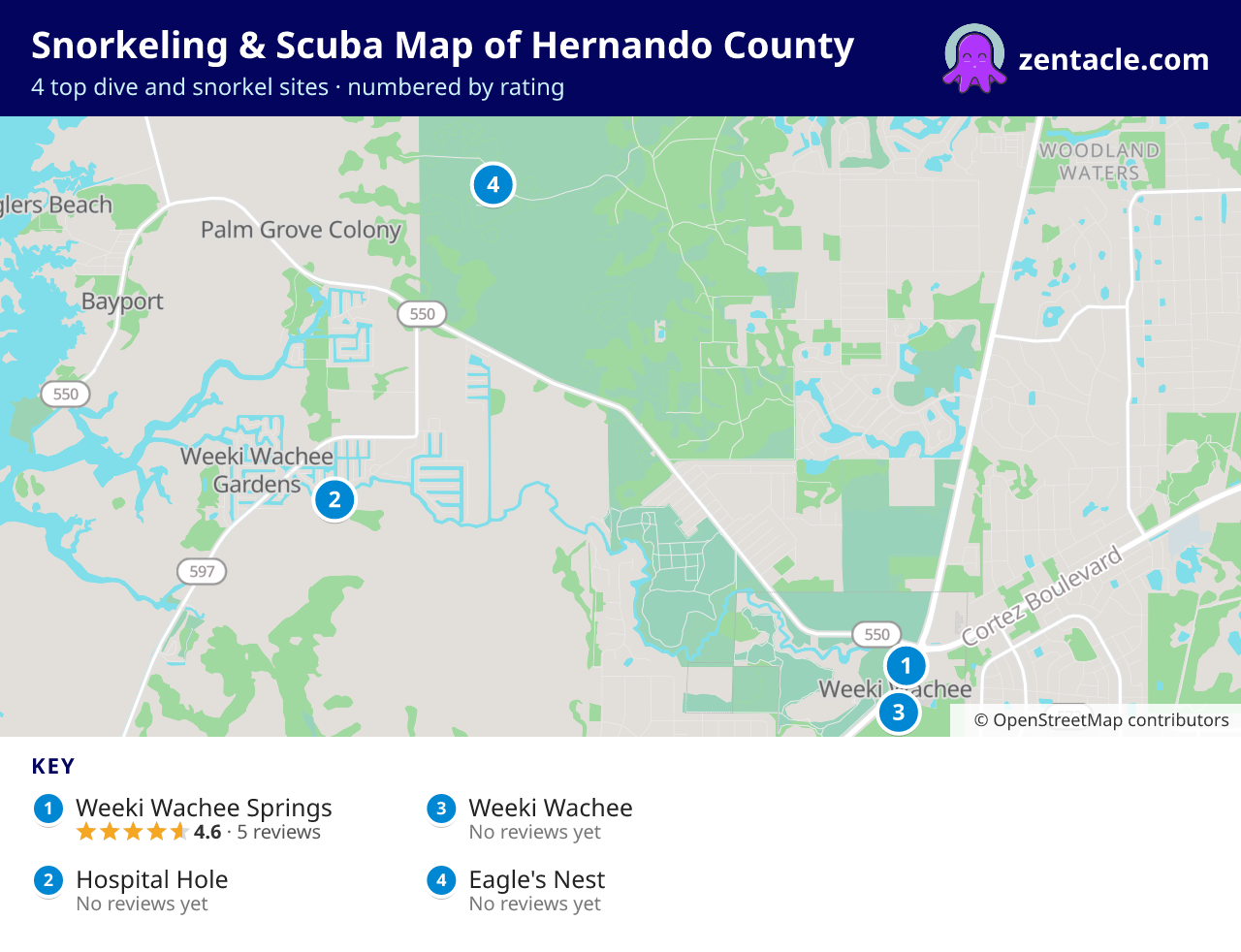 Snorkeling & Scuba Map of Hernando County: numbered map of the top 4 dive and snorkel sites, with ratings