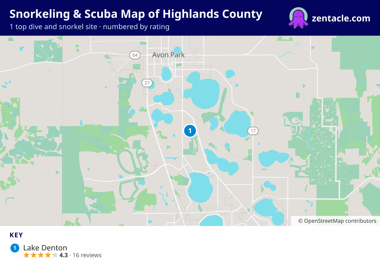 Snorkeling & Scuba Map of Highlands County: numbered map of the top 1 dive and snorkel sites, with ratings