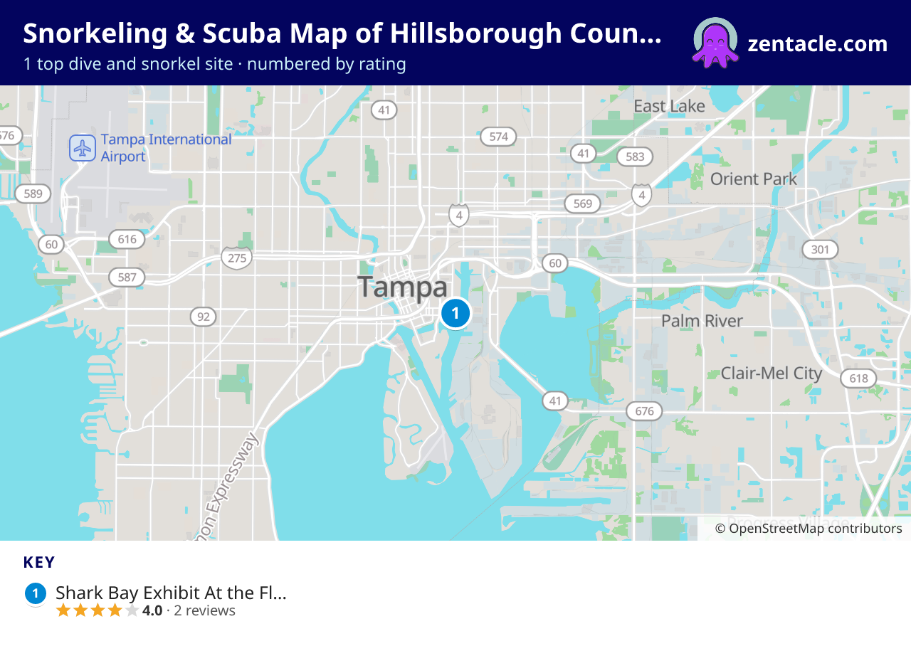 Snorkeling & Scuba Map of Hillsborough County: numbered map of the top 1 dive and snorkel sites, with ratings
