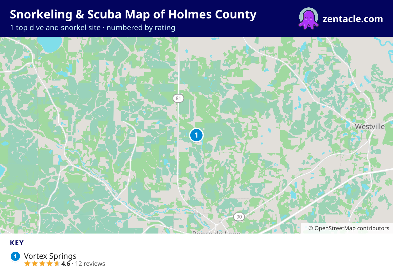 Snorkeling & Scuba Map of Holmes County: numbered map of the top 1 dive and snorkel sites, with ratings