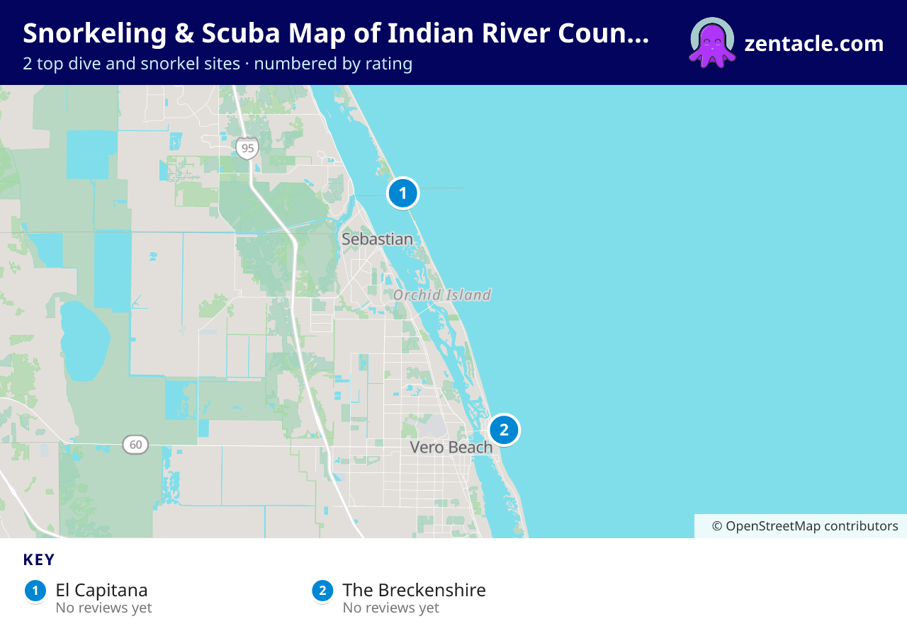 Snorkeling & Scuba Map of Indian River County: numbered map of the top 2 dive and snorkel sites, with ratings