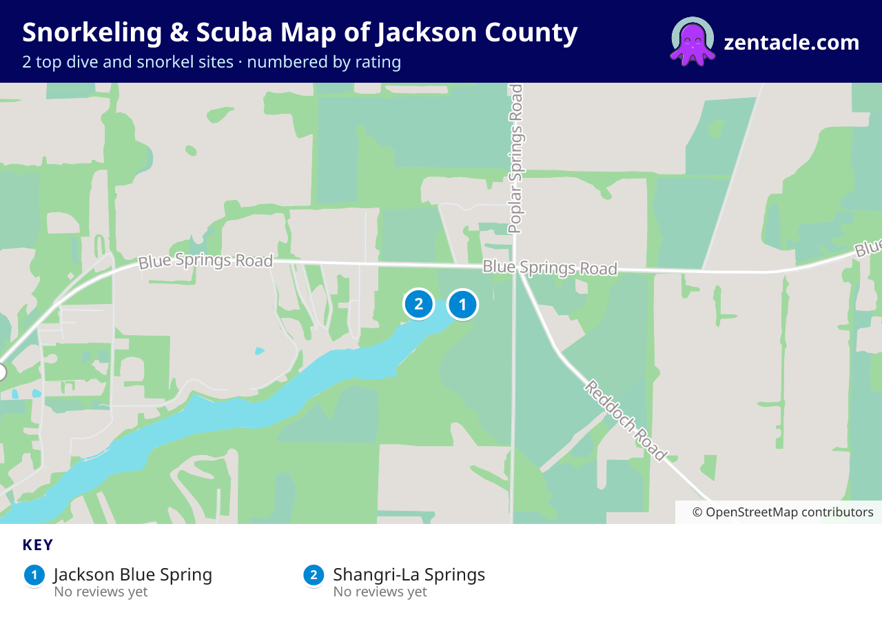 Snorkeling & Scuba Map of Jackson County: numbered map of the top 2 dive and snorkel sites, with ratings